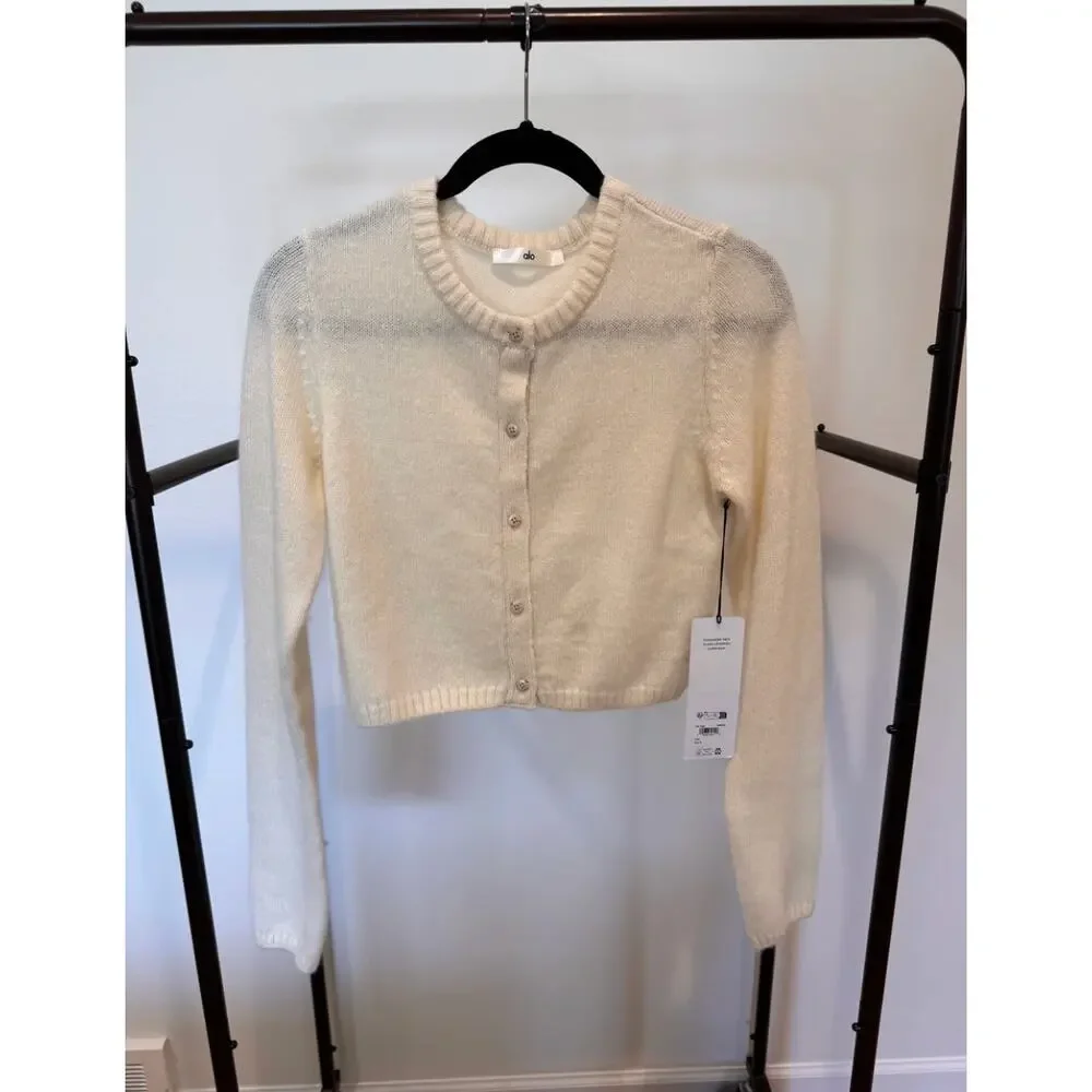 Alo Wool Cashmere New Class Cropped Cardigan in Ivory size S small